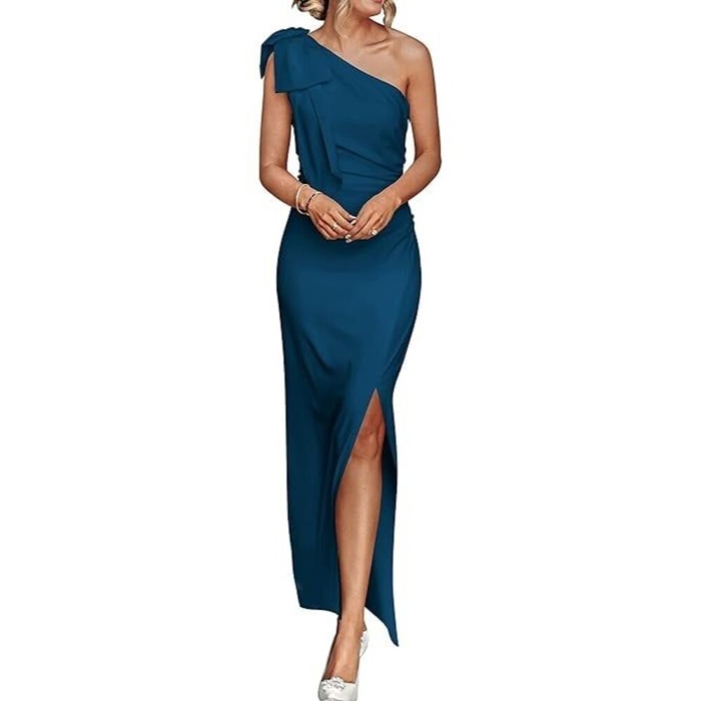 Women's One Shoulder Long Formal Dresses Sleeveless Ruched Slit Maxi Blue Teal